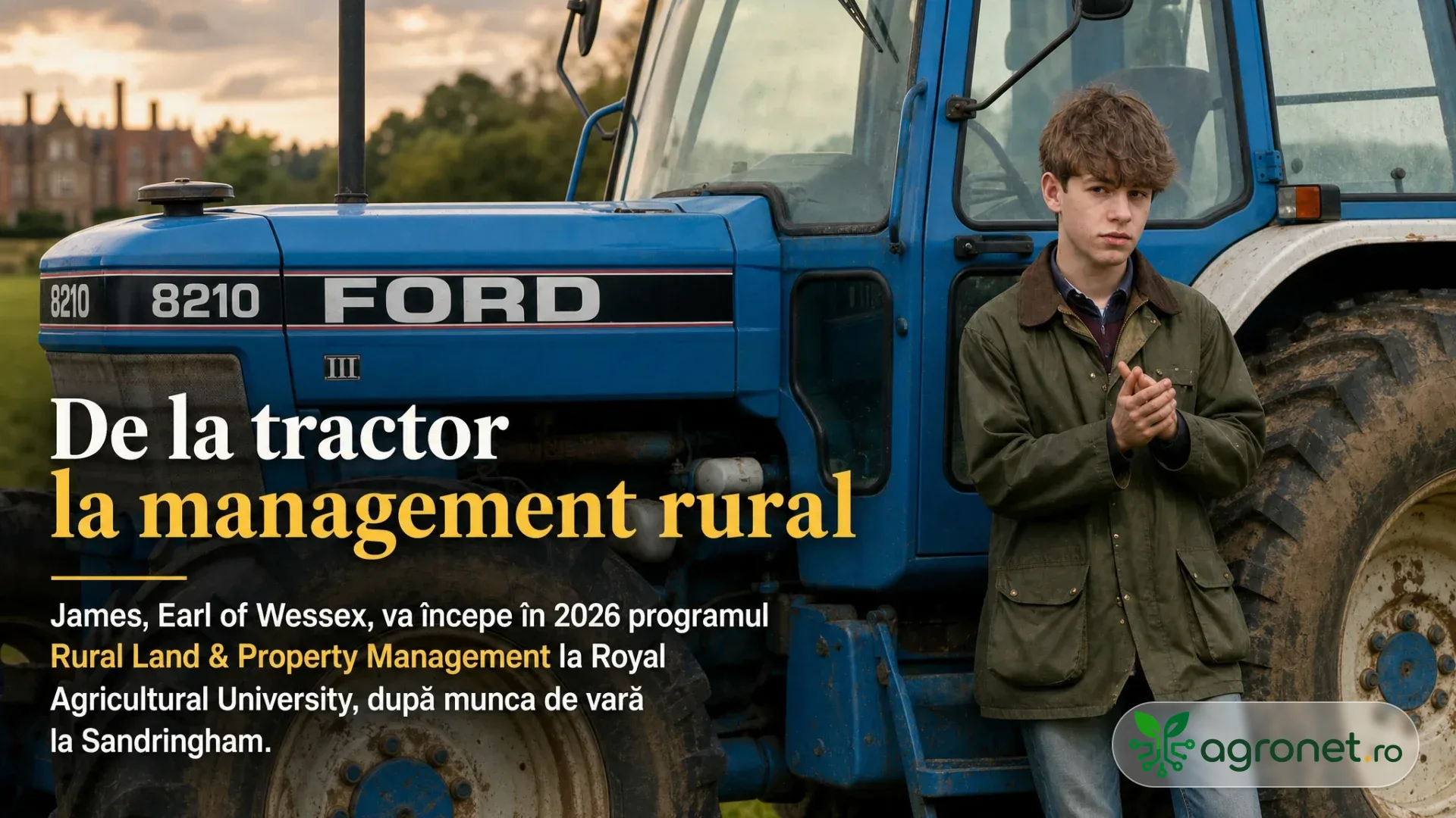 Tânăr în haine de lucru stă lângă un tractor albastru, pe un domeniu rural cu clădire în fundal.