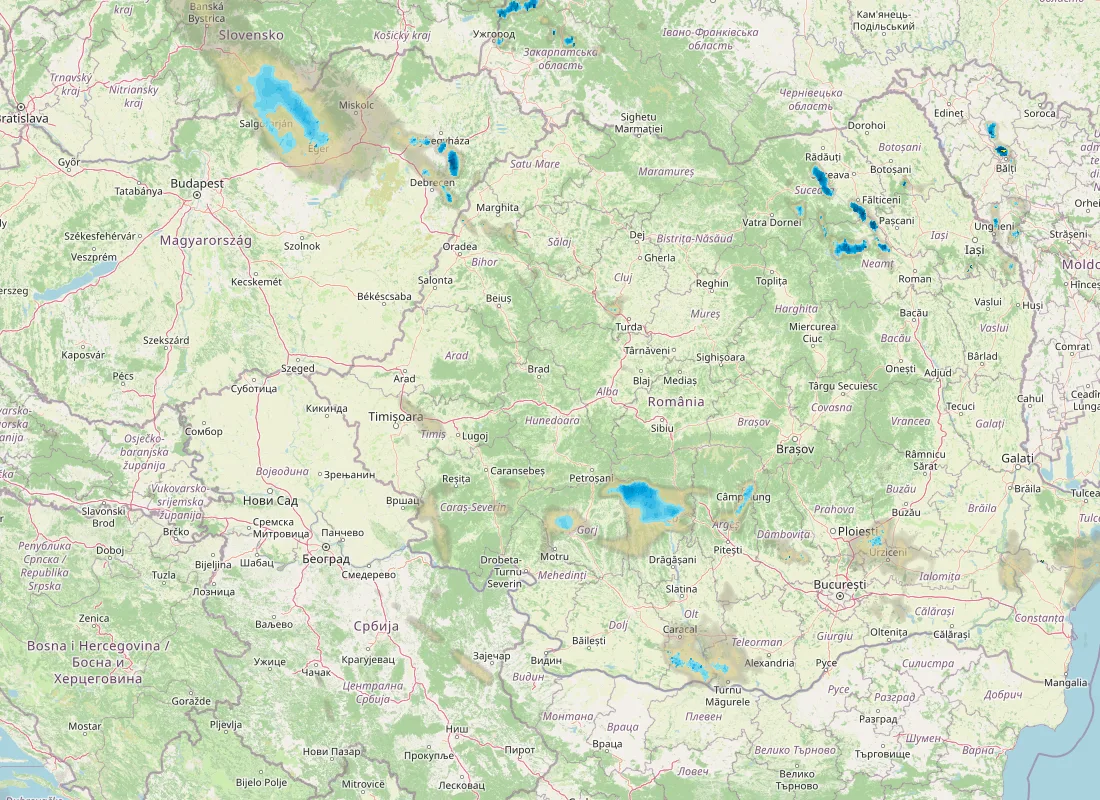 Hartă radar RainViewer cu precipitațiile din România pentru buletinul Meteo agricol România de la ora 12:00.