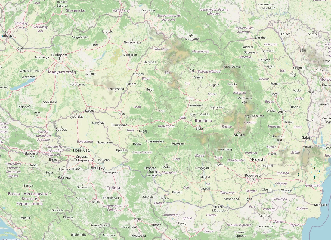 Hartă radar RainViewer cu precipitațiile din România pentru buletinul Meteo agricol România de la ora 05:00.