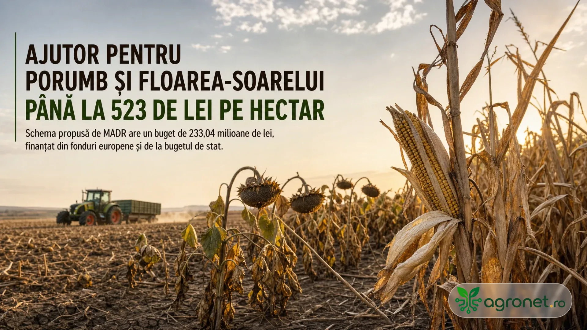 Câmp uscat cu porumb și floarea-soarelui ofilite, iar în fundal un tractor lucrează pe sol crăpat.