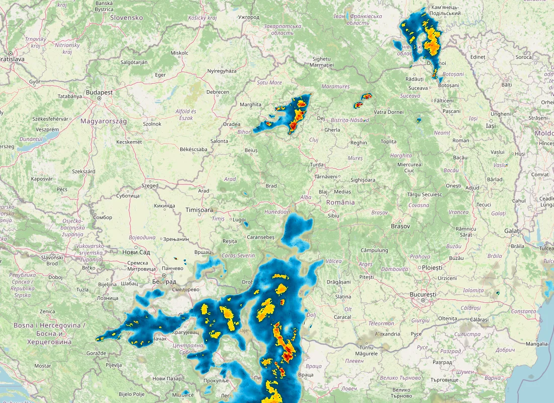 Hartă radar RainViewer cu precipitațiile din România pentru buletinul Meteo agricol România de la ora 21:00.