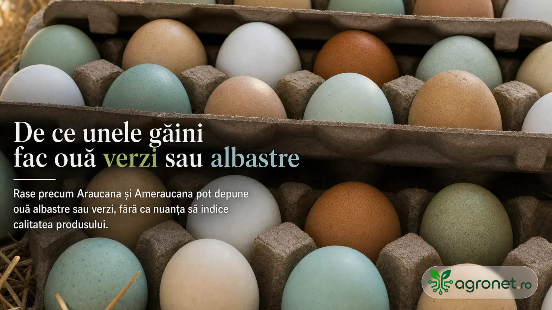 Cofraje de carton cu ouă albe, maro, verzi și albăstrui, așezate pe paie.