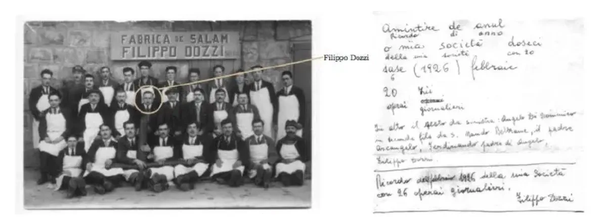 Muncitori în fața Fabricii Filippo Dozzi, alături de document manuscris