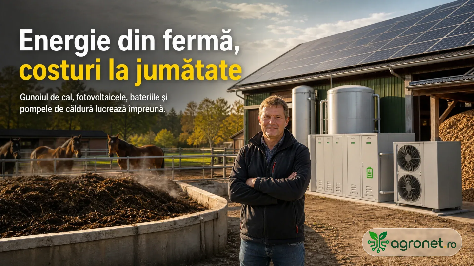 Bărbat lângă o platformă cu gunoi de grajd, cai, panouri fotovoltaice și echipamente energetice într-o fermă.