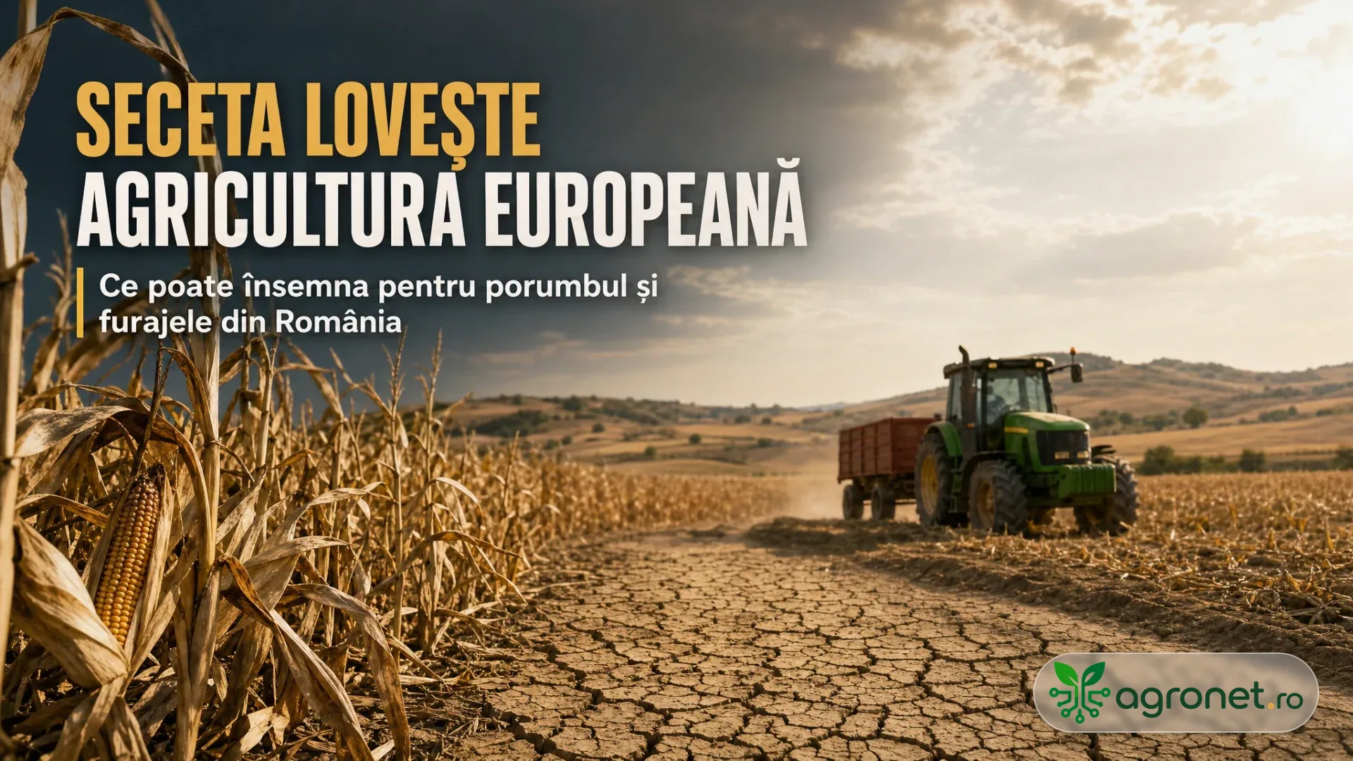 Lan de porumb uscat lângă un drum cu sol crăpat, pe care circulă un tractor cu remorcă.