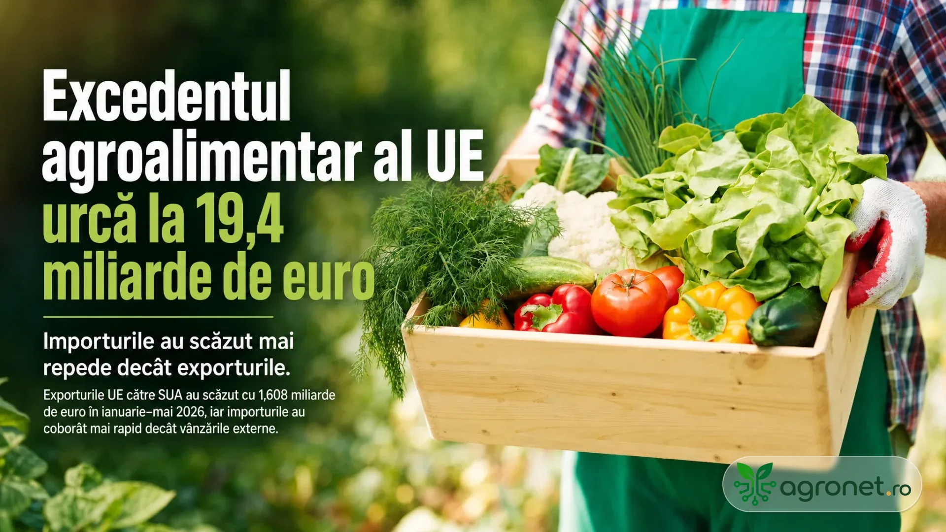 Persoană în șorț verde care ține o ladă de lemn cu legume proaspete, pe fundal verde, cu text informativ suprapus.