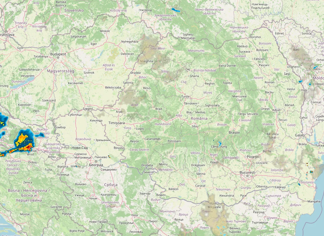 Hartă radar RainViewer cu precipitațiile din România pentru buletinul Meteo agricol România de la ora 05:00.