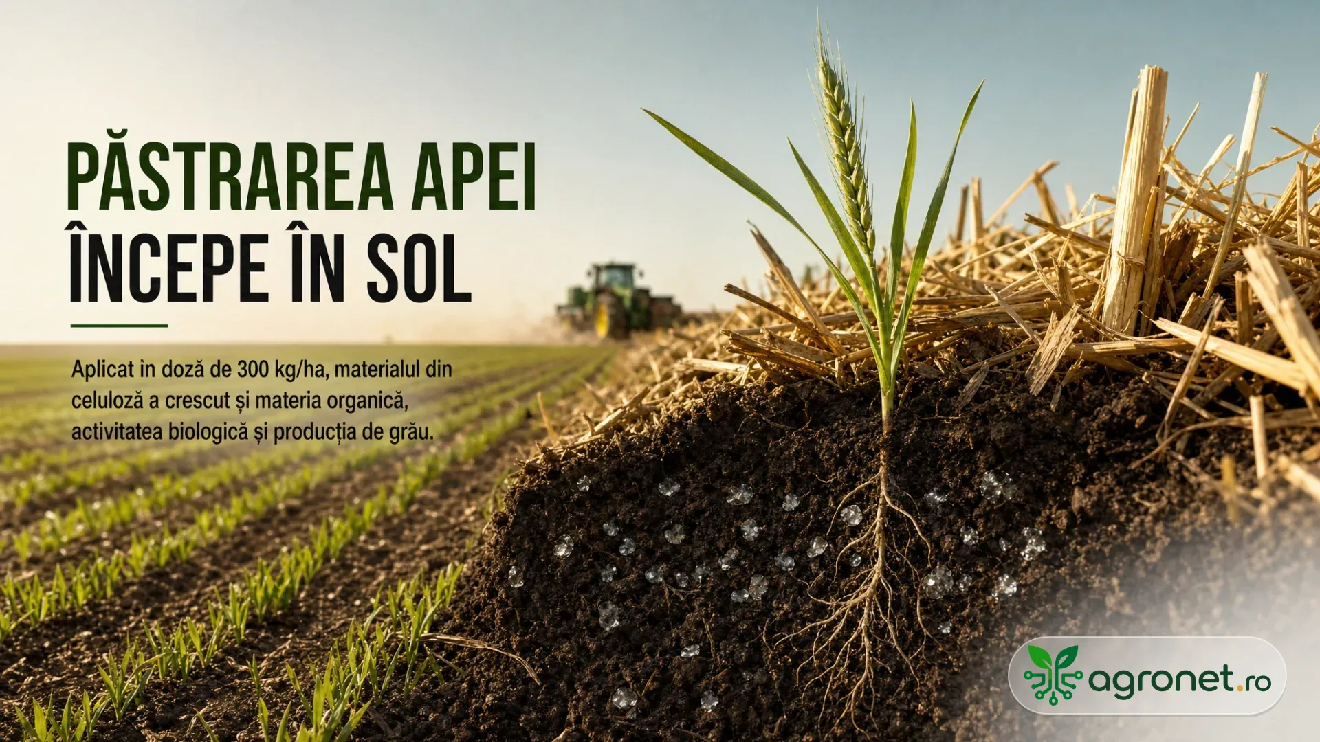 Plantulă de cereală cu rădăcini vizibile într-o secțiune de sol, lângă paie, pe un câmp cu rânduri verzi și un tractor în fundal.