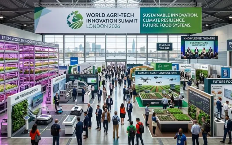 Pavilion expozițional World Agri-Tech London 2026, cu standuri de robotică și agricultură climatică