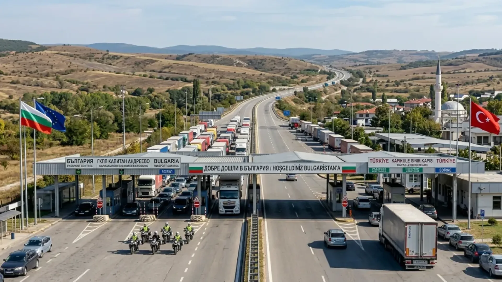 Punct de trecere a frontierei cu benzi pentru camioane și autoturisme, steaguri ale Bulgariei, Uniunii Europene și Turciei și trafic rutier în ambele sensuri.
