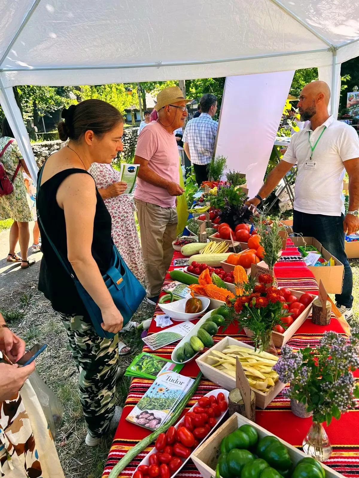 Vizitatori la stand cu tomate, legume și plante aromatice expuse