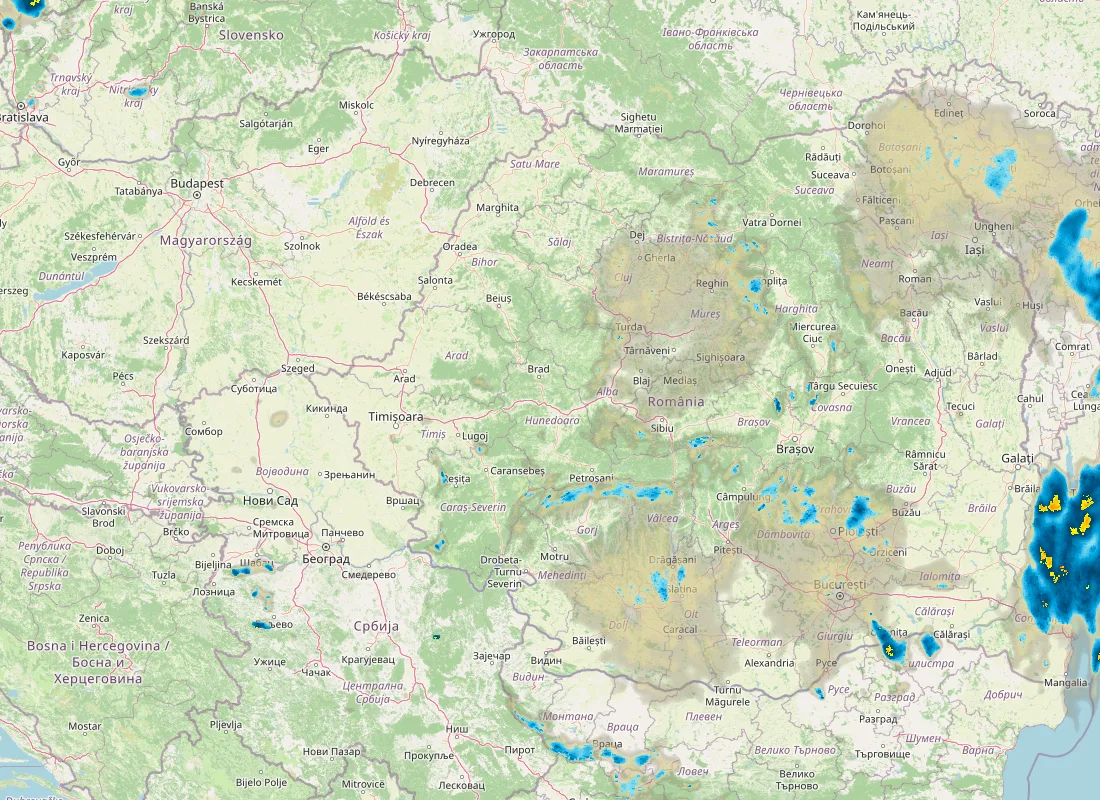 Hartă radar RainViewer cu precipitațiile din România pentru buletinul Meteo agricol România de la ora 05:00.