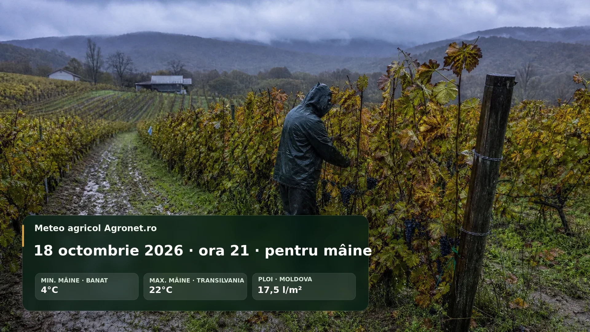 Utilaj agricol pe teren de toamnă sub cer noros, înaintea unei zile cu ploi și vânt în unele regiuni.