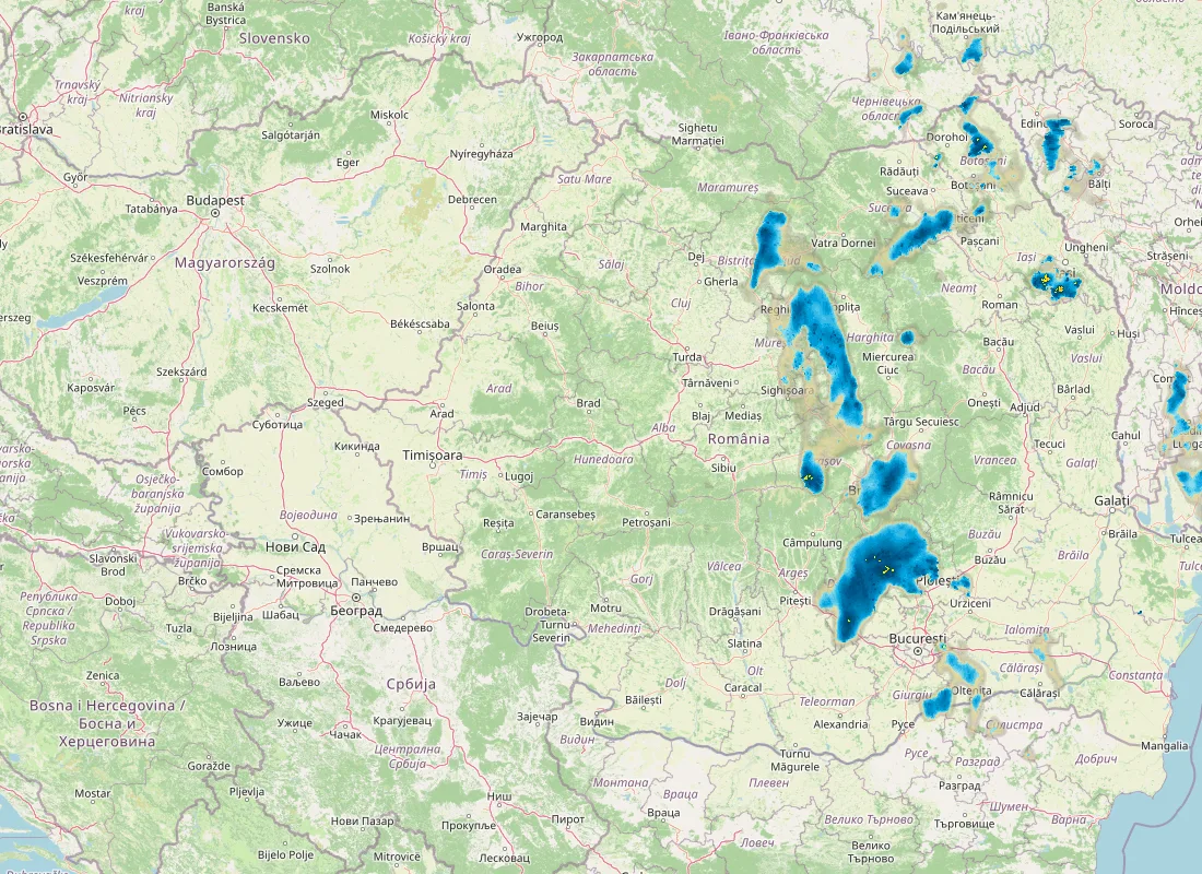 Hartă radar RainViewer cu precipitațiile din România pentru buletinul Meteo agricol România de la ora 21:00.