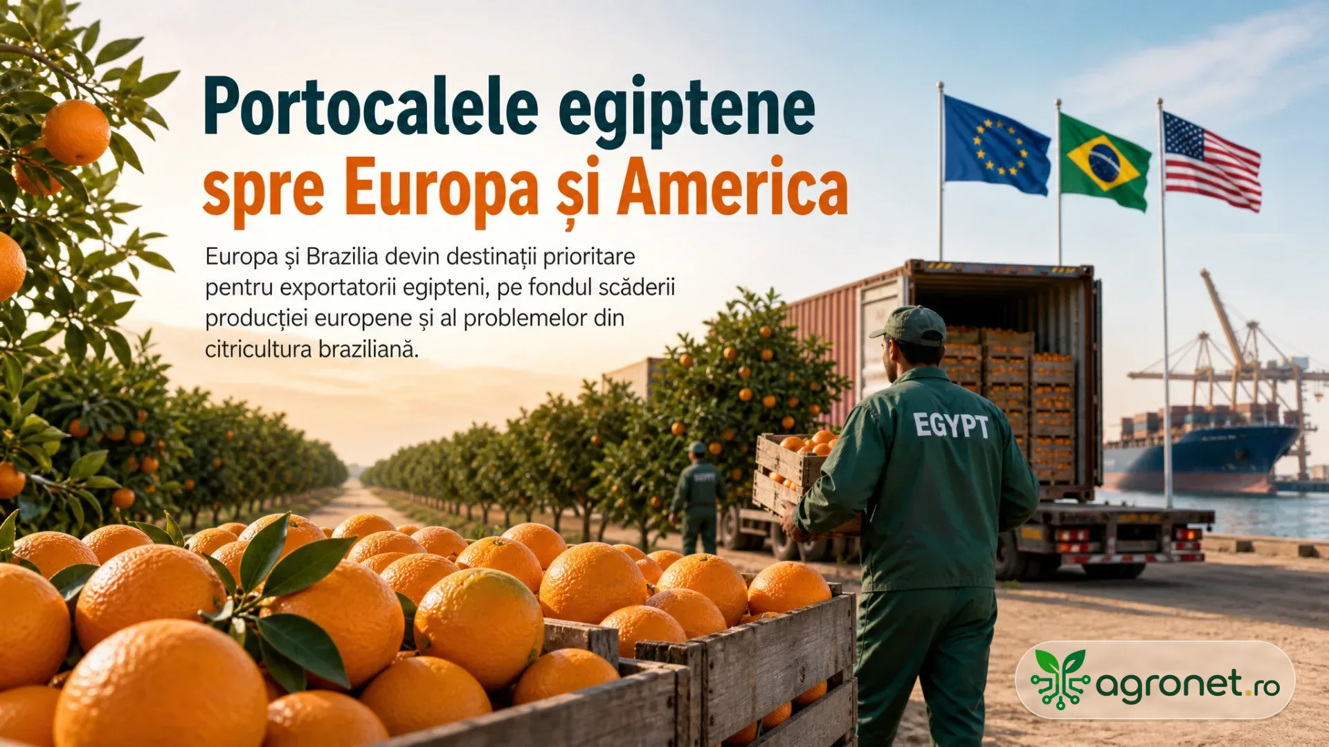 Lăzi cu portocale lângă o livadă, muncitori și un camion container într-o zonă portuară, cu steaguri internaționale.