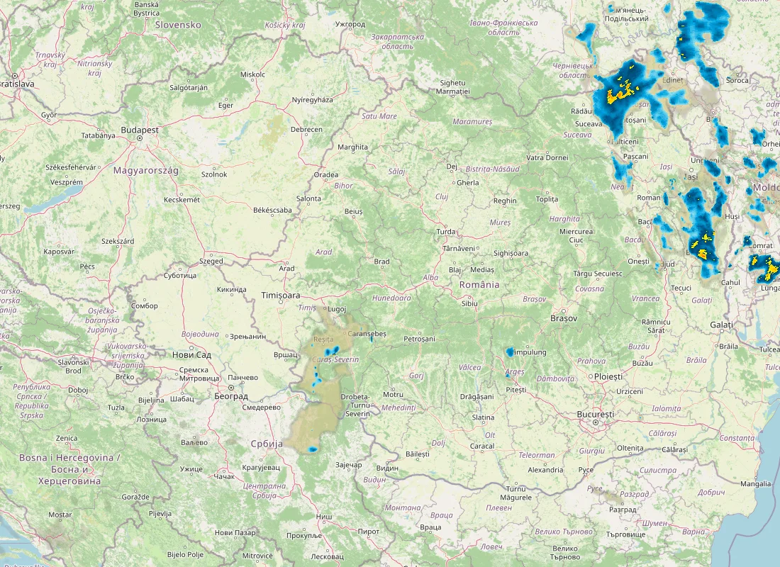 Hartă radar RainViewer cu precipitațiile din România pentru buletinul Meteo agricol România de la ora 21:00.