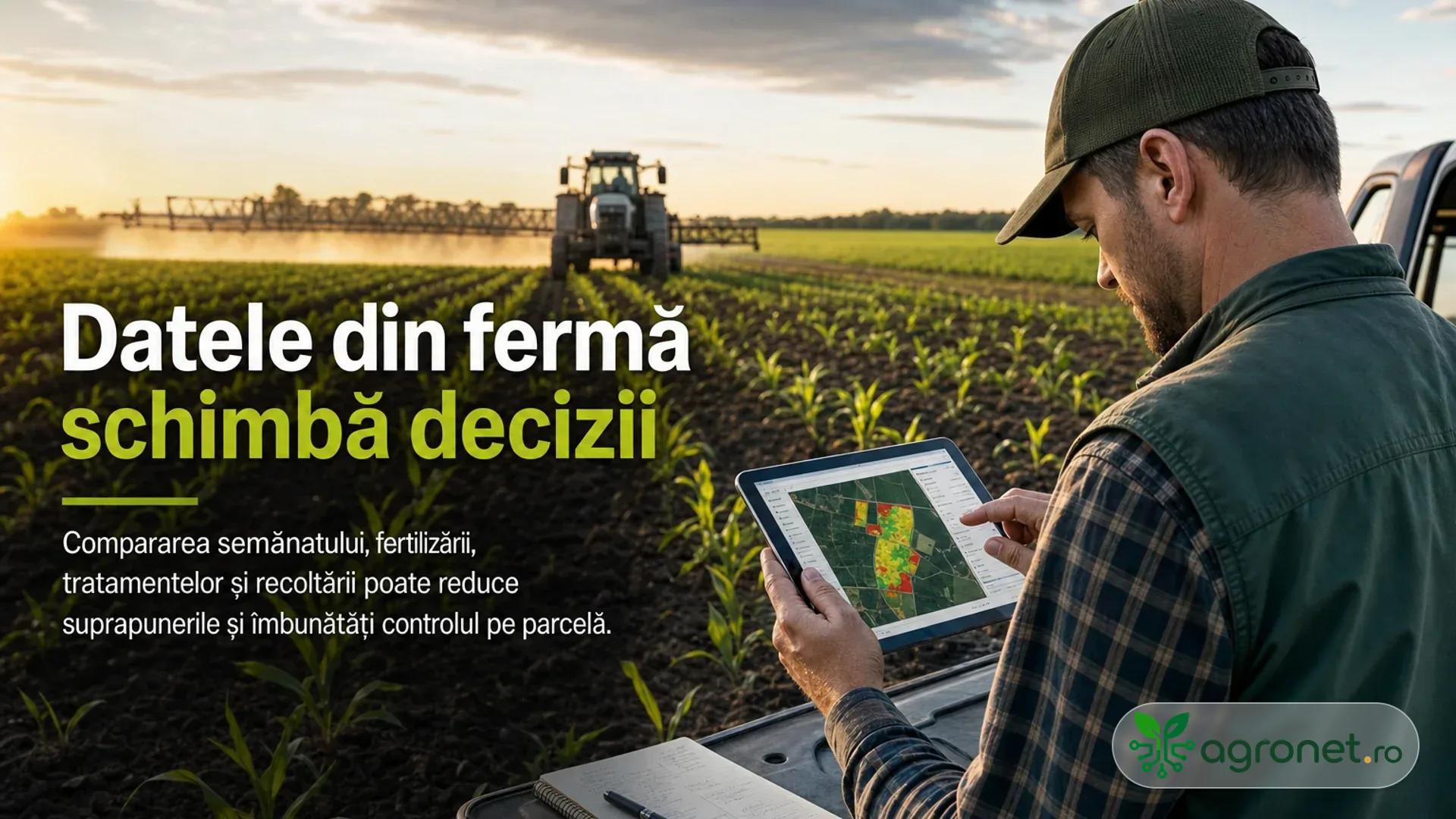 Fermier care consultă o tabletă la marginea unui câmp cultivat, cu un utilaj agricol lucrând în fundal.