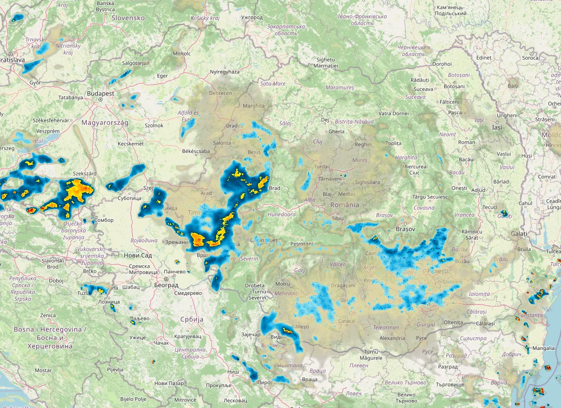 Hartă radar RainViewer cu precipitațiile din România pentru buletinul Meteo agricol România de la ora 05:00.