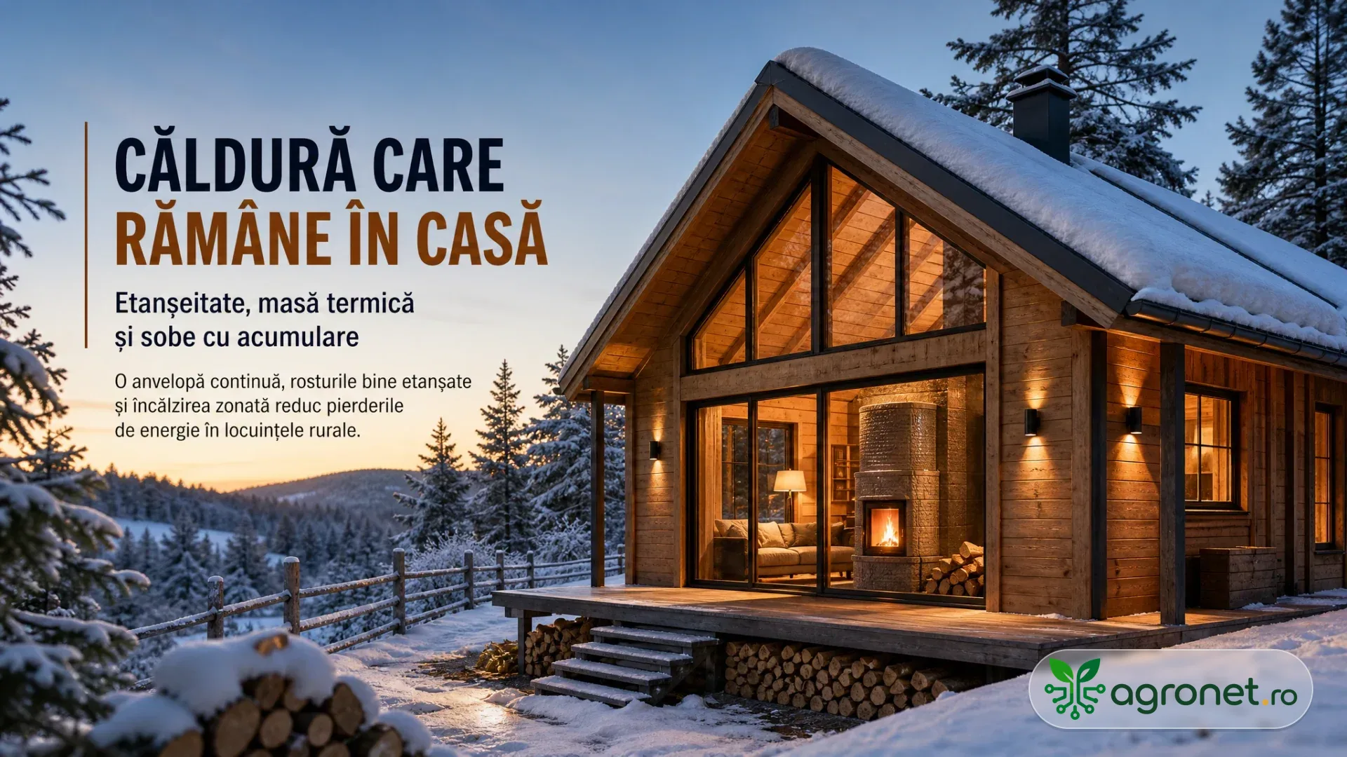 Cabană din lemn acoperită cu zăpadă, luminată la interior, cu sobă aprinsă și lemne stivuite pe terasă.
