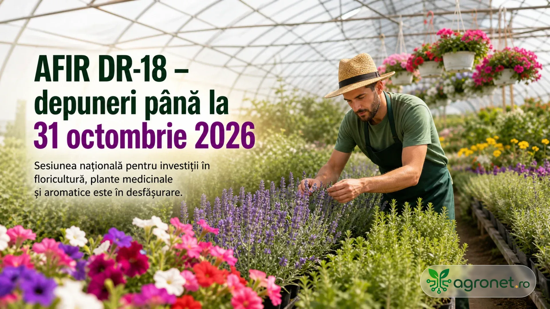 Lucrător agricol verificând plante cultivate într-o seră de flori