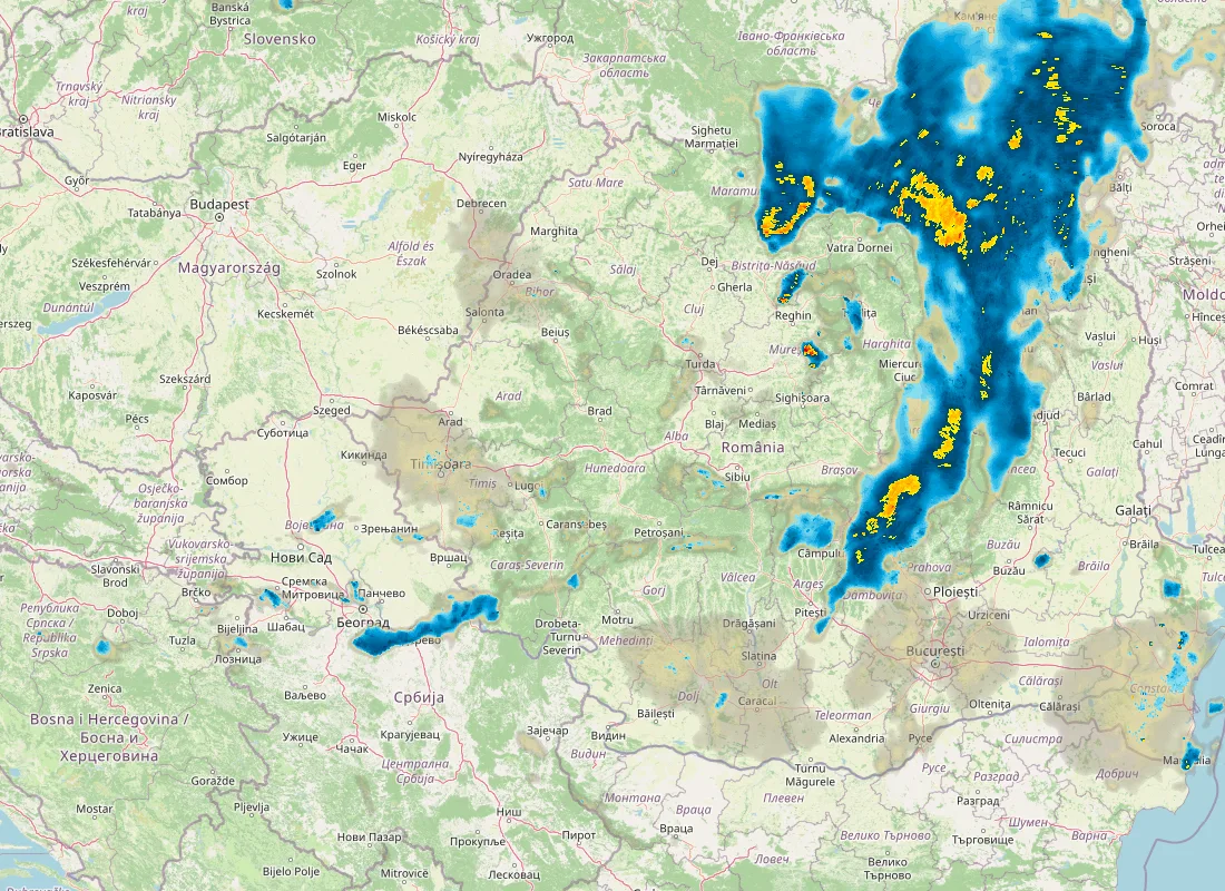 Hartă radar RainViewer cu precipitațiile din România pentru buletinul Meteo agricol România de la ora 12:00.