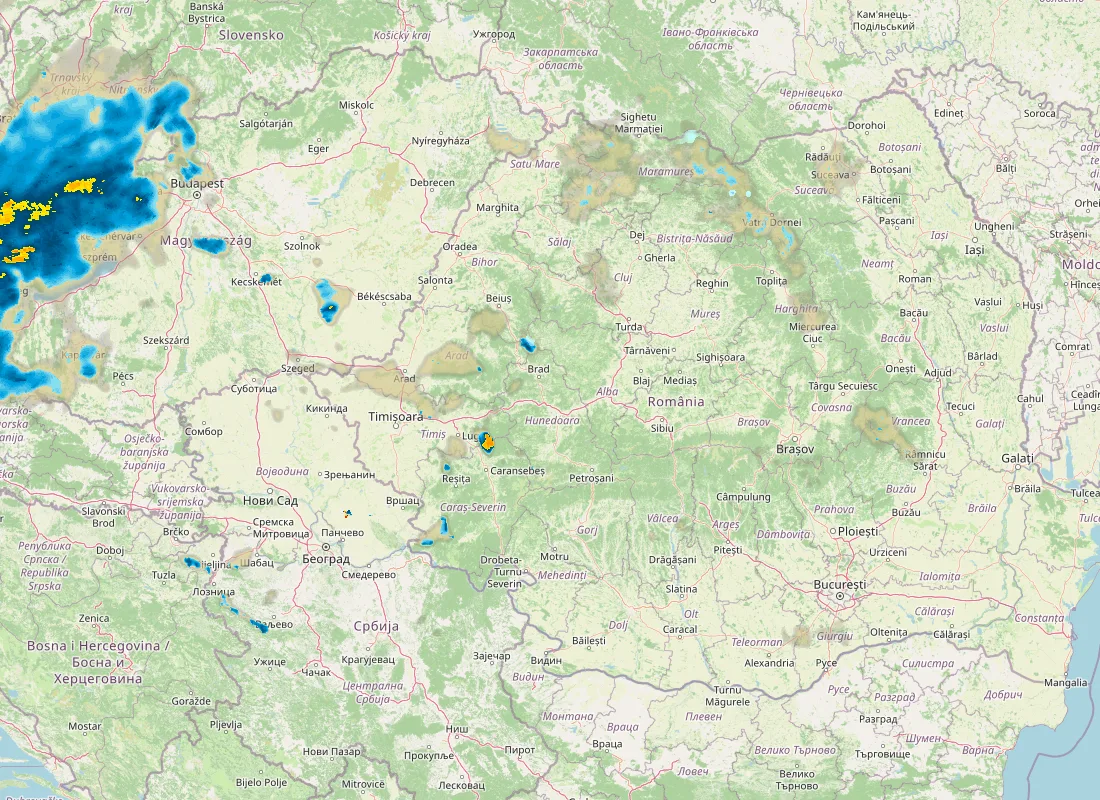 Hartă radar RainViewer cu precipitațiile din România pentru buletinul Meteo agricol România de la ora 05:00.