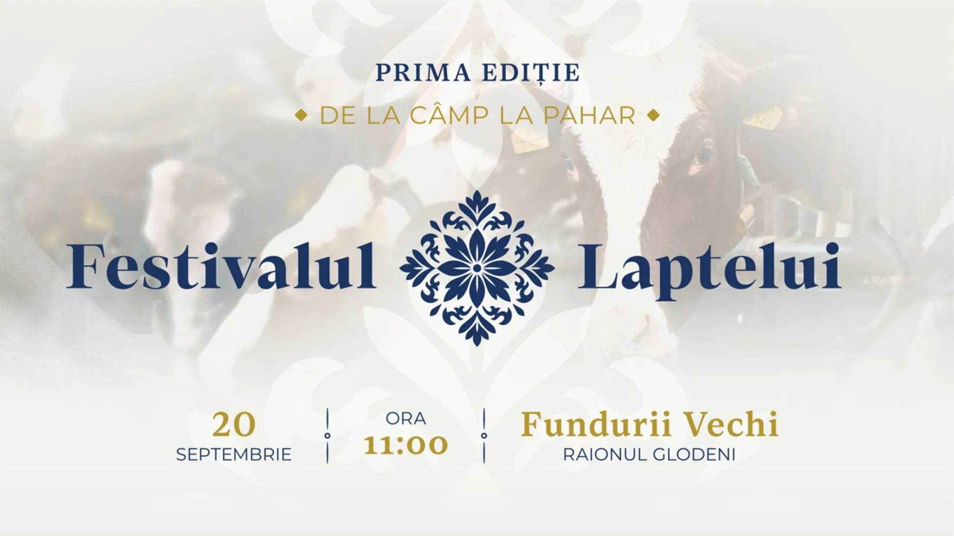 Afiș grafic cu vaci pe fundal și elemente decorative tradiționale, dedicat unui eveniment din sectorul lactatelor.