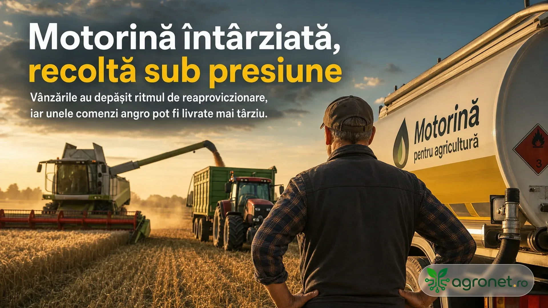 Fermier văzut din spate lângă o cisternă de motorină, cu combină și tractor lucrând pe un câmp la apus.