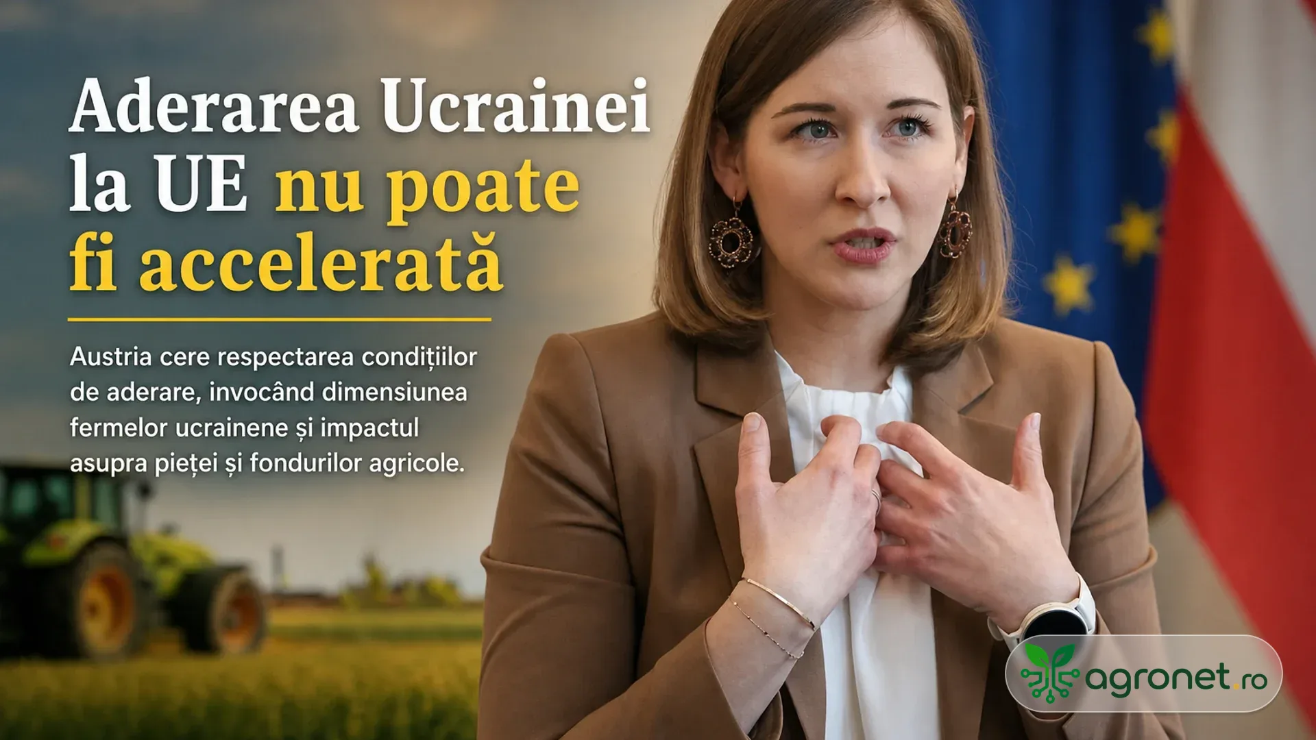 Femeie în ținută oficială vorbind, cu steaguri europene și austriece estompate și un tractor pe câmp în fundal.