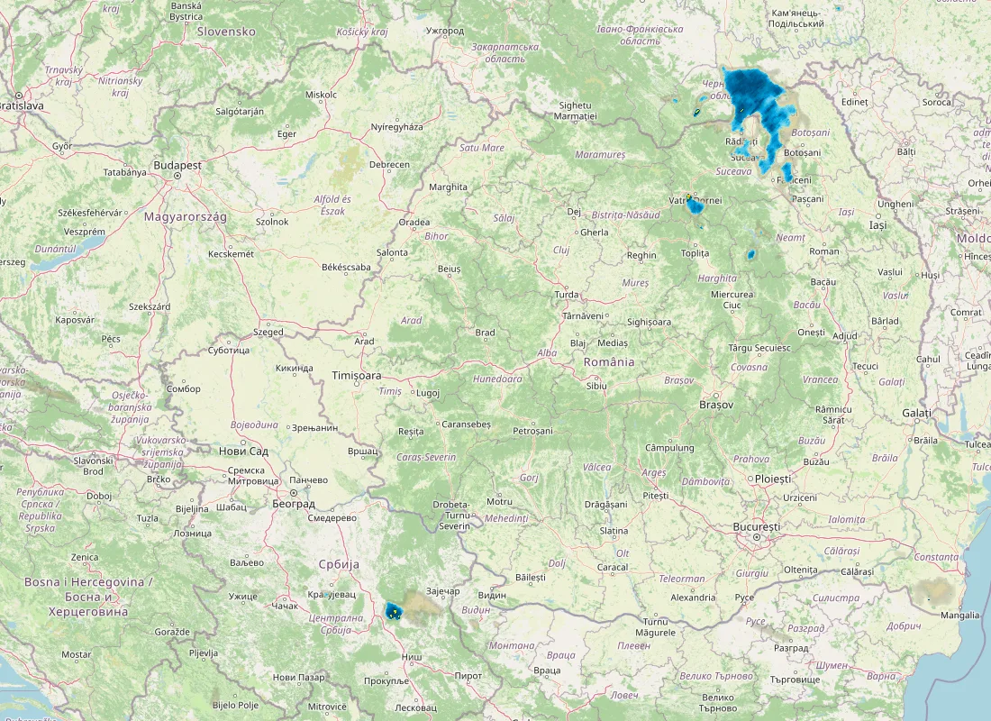 Hartă radar RainViewer cu precipitațiile din România pentru buletinul Meteo agricol România de la ora 18:00.