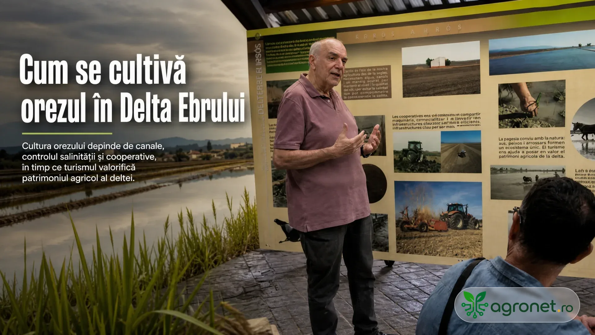 Un bărbat vorbește într-un spațiu expozițional despre agricultură, lângă imagini cu terenuri inundate și utilaje agricole.