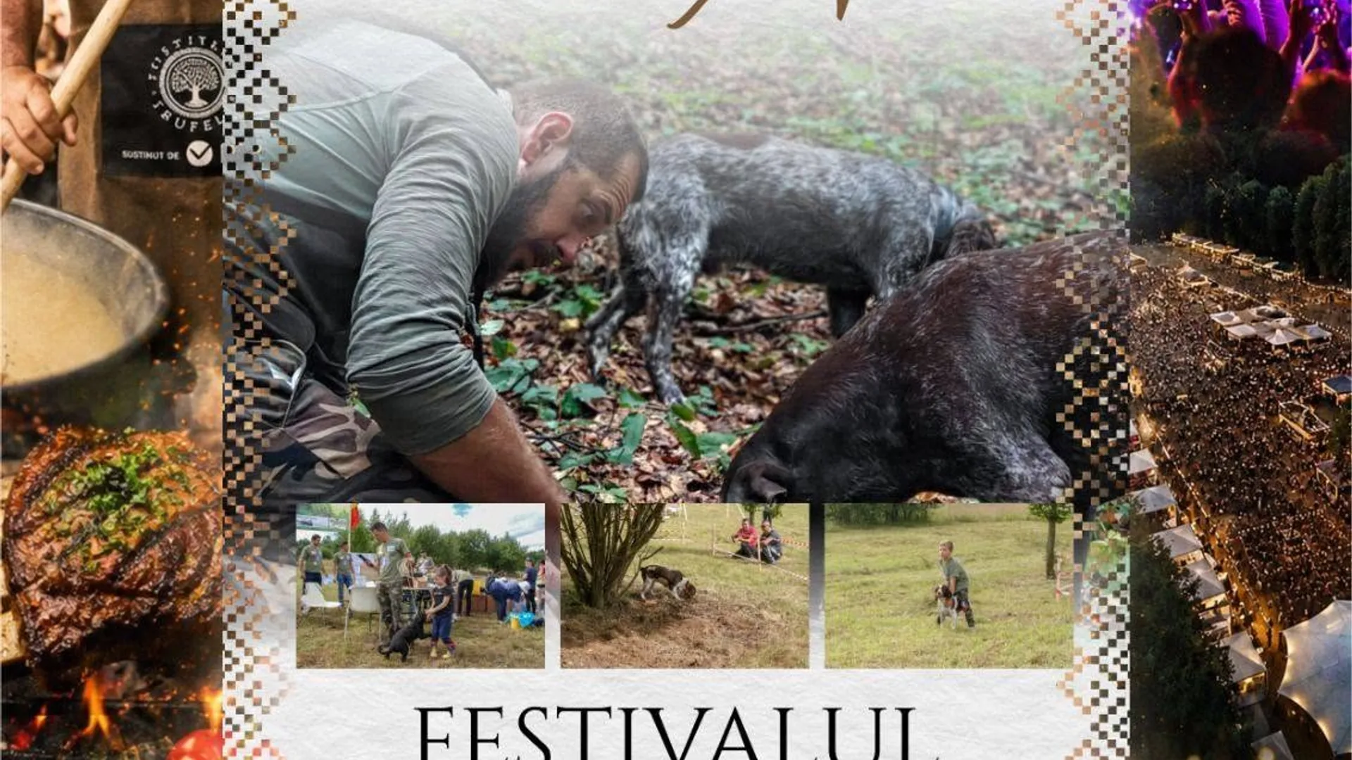 Afiș al festivalului cu câini la căutarea trufelor și preparate