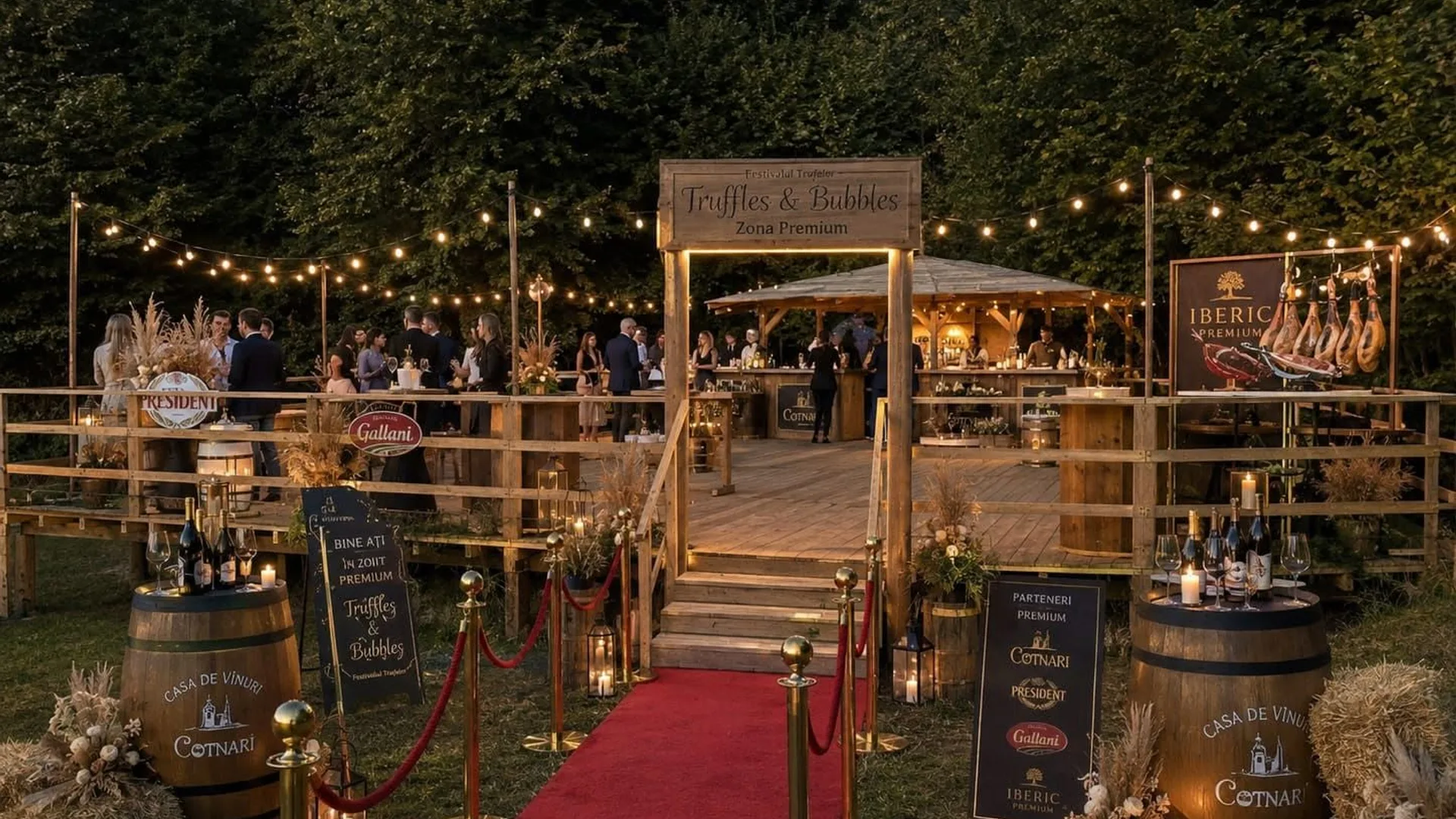 Intrare decorată cu lumini, covor roșu și standuri gastronomice