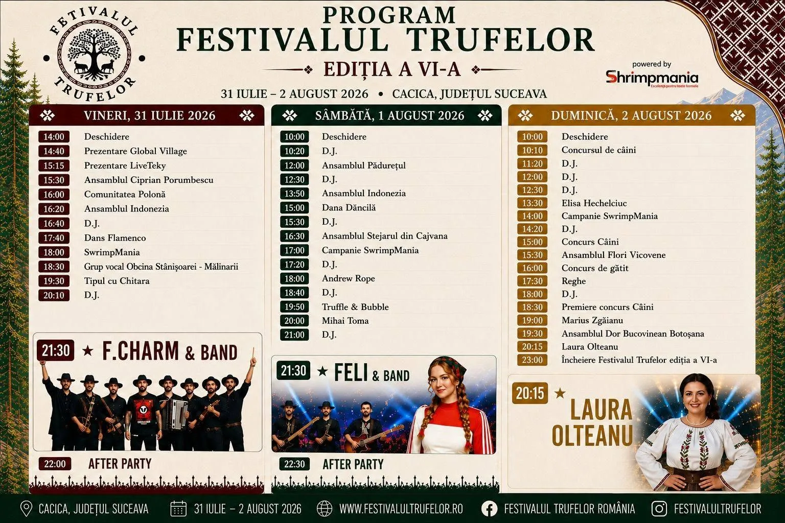 Afiș cu programul Festivalului Trufelor, concerte și activități pe zile