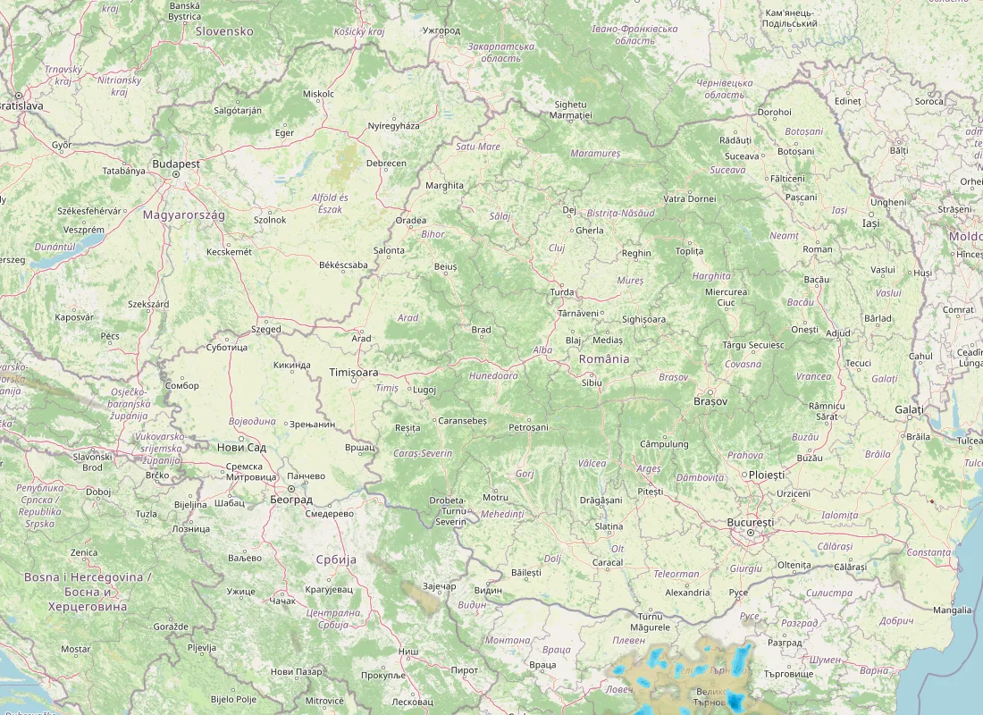 Hartă radar RainViewer cu precipitațiile din România pentru buletinul Meteo agricol România de la ora 18:00.