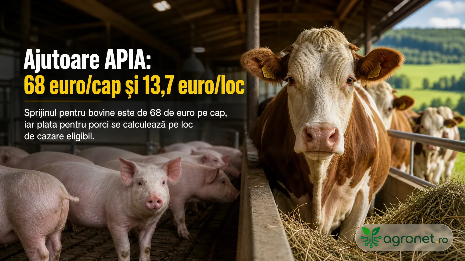 Vaci și porci într-un adăpost zootehnic, cu furaje pe culoarul pentru bovine.
