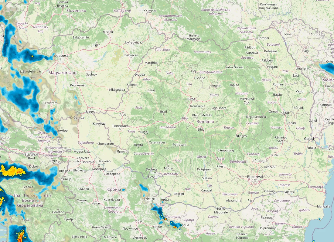 Hartă radar RainViewer cu precipitațiile din România pentru buletinul Meteo agricol România de la ora 21:00.