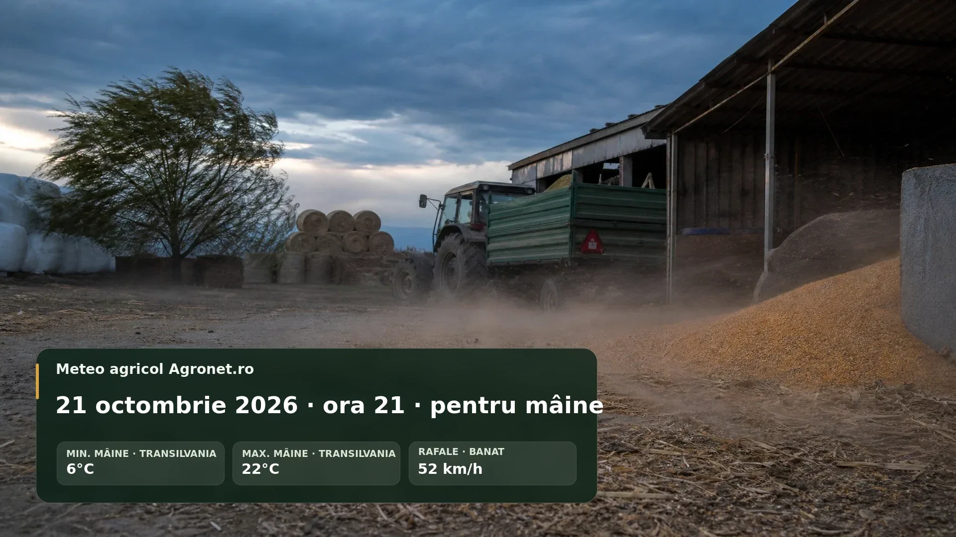 Utilaj agricol pe câmp de toamnă, cu vânt și nori deasupra reliefului rural