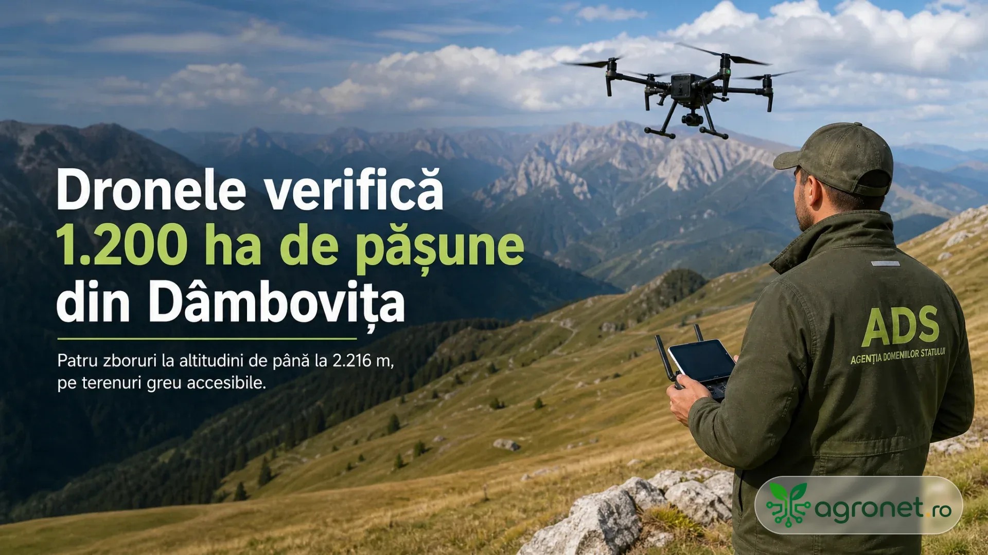 Operator în jachetă ADS pilotează o dronă deasupra unei pajiști montane, cu masive muntoase în fundal.