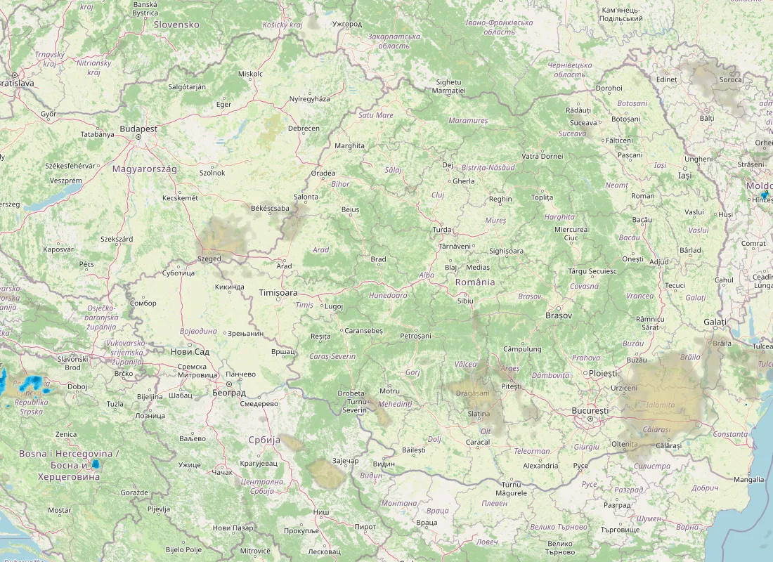 Hartă radar RainViewer cu precipitațiile din România pentru buletinul Meteo agricol România de la ora 21:00.
