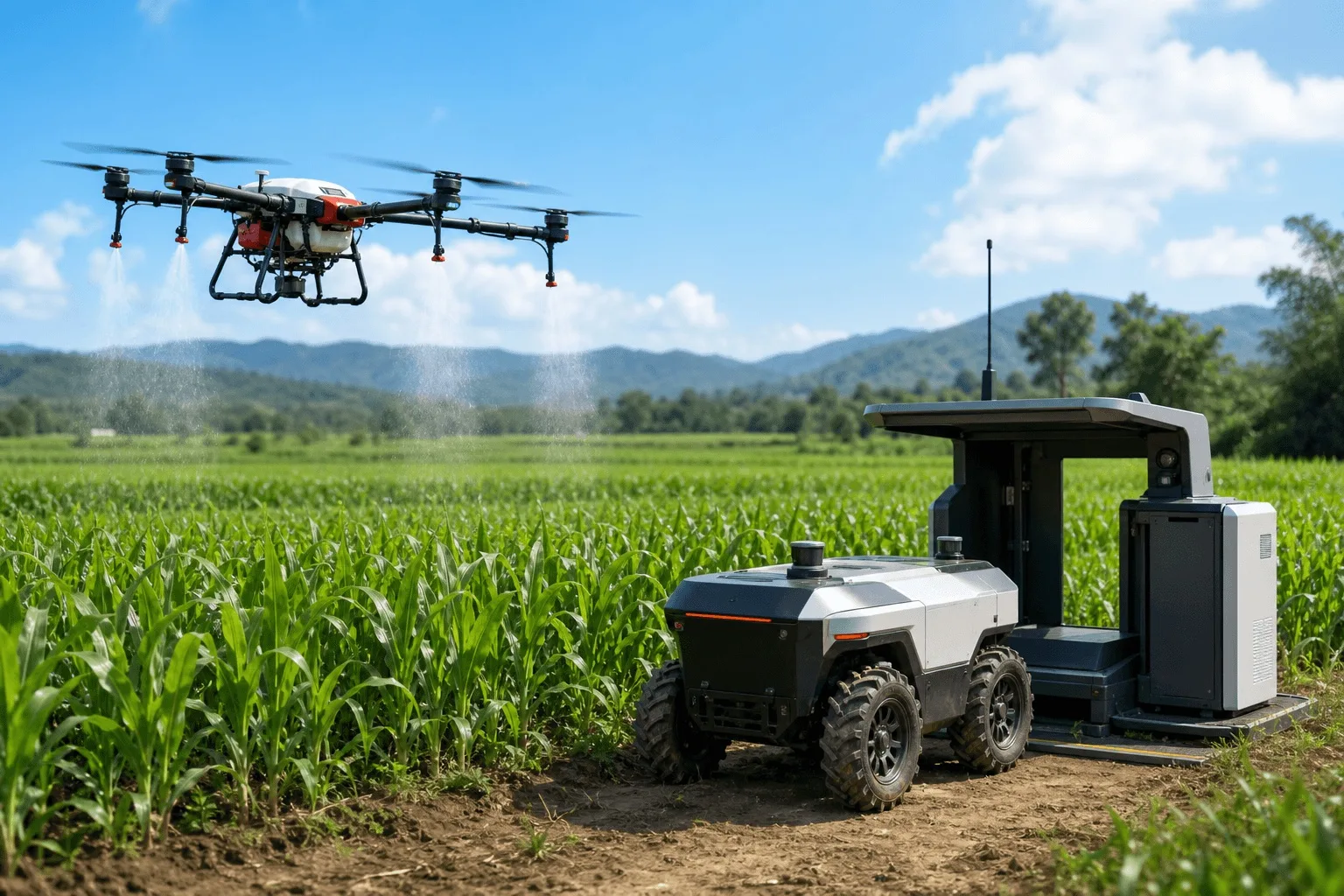 Dronă agricolă multirotor care pulverizează deasupra unui câmp de porumb, lângă un robot agricol autonom aflat la marginea parcelei.