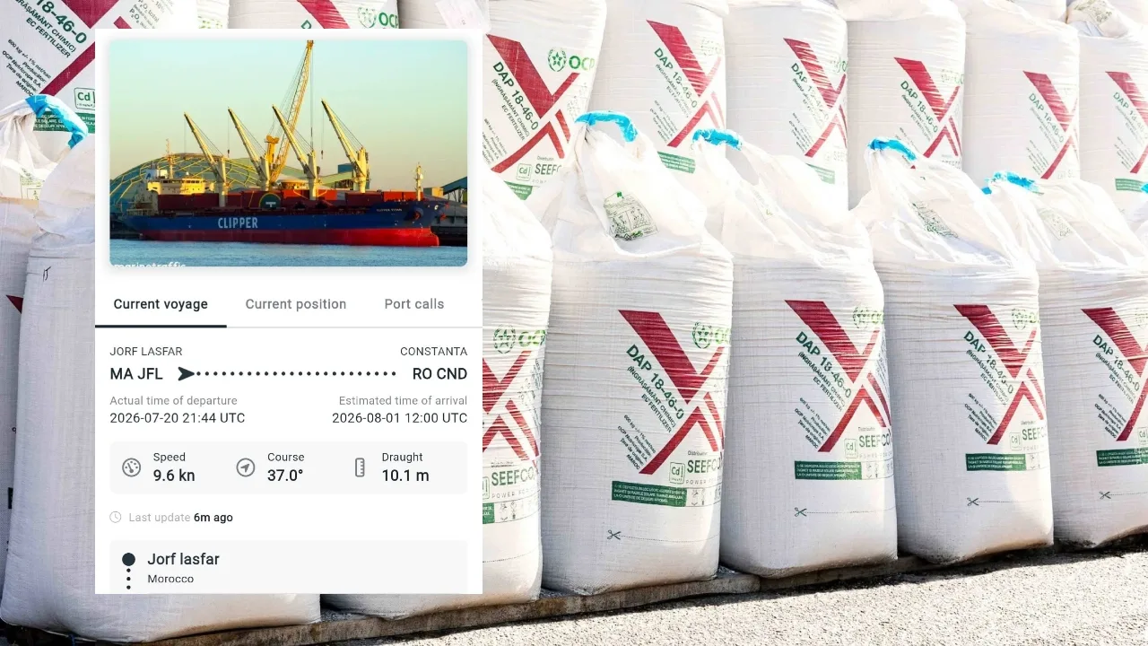 Saci de îngrășăminte pe paleți, lângă detalii despre o navă cargo