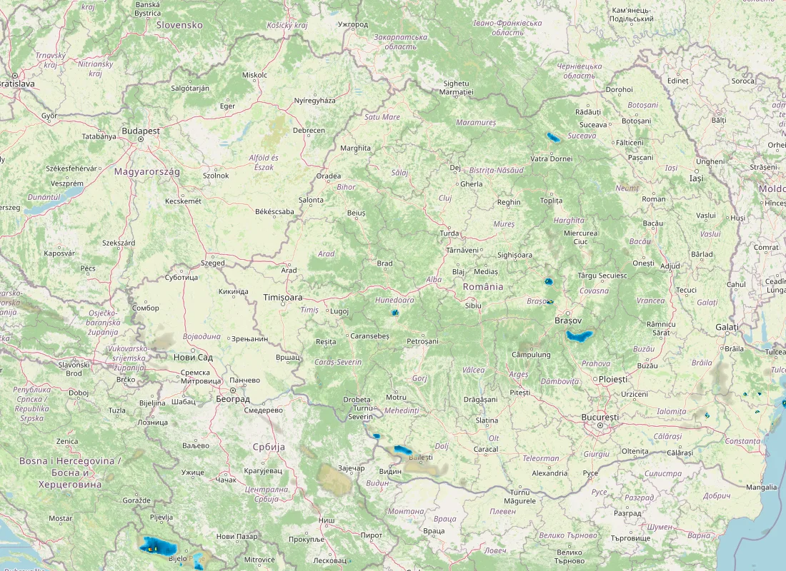 Hartă radar RainViewer cu precipitațiile din România pentru buletinul Meteo agricol România de la ora 21:00.