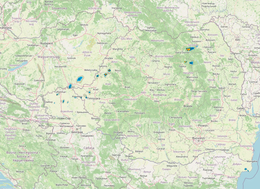 Hartă radar RainViewer cu precipitațiile din România pentru buletinul Meteo agricol România de la ora 18:00.