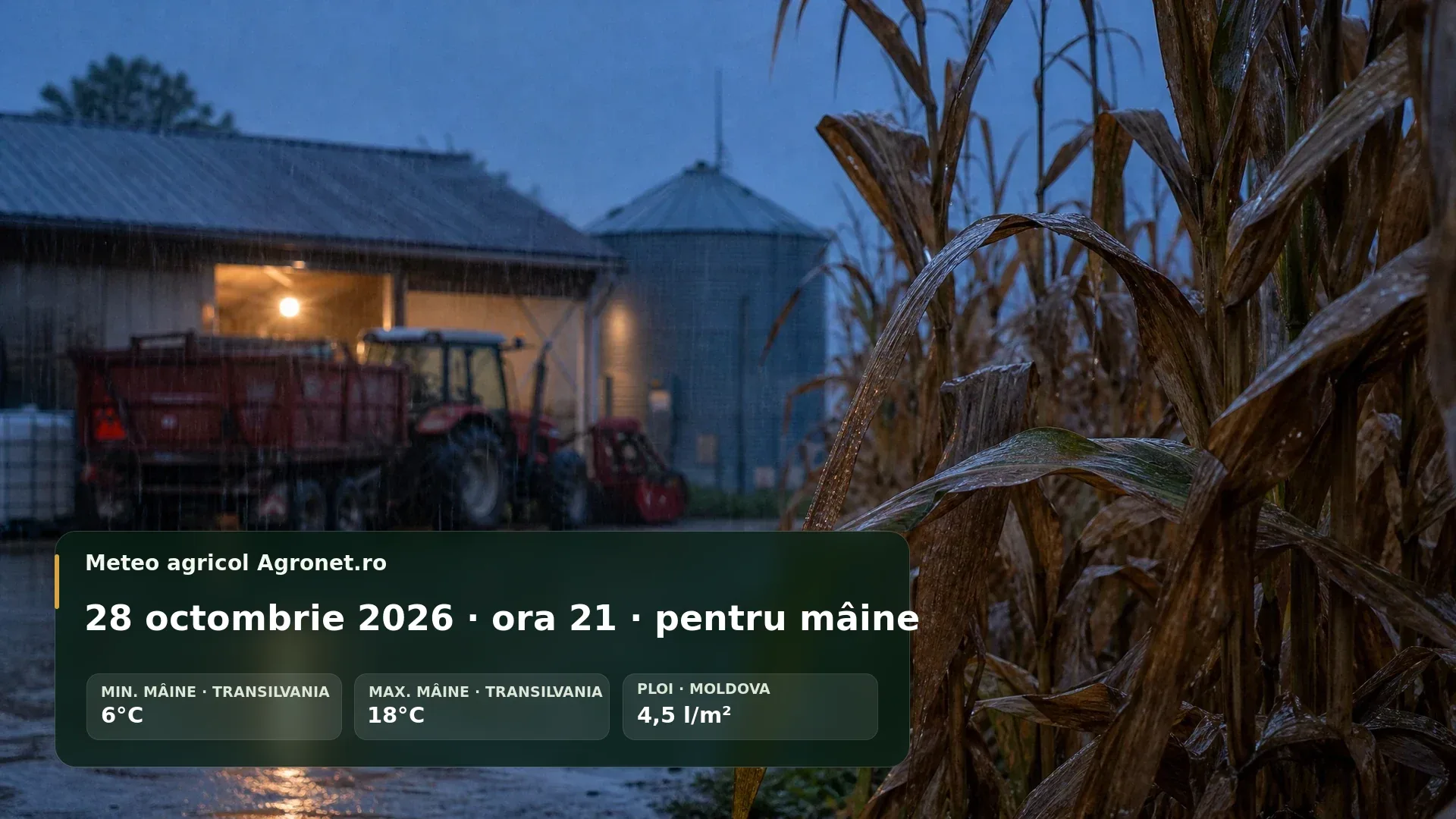Utilaj agricol pe teren de toamnă, sub cer înnorat și condiții umede