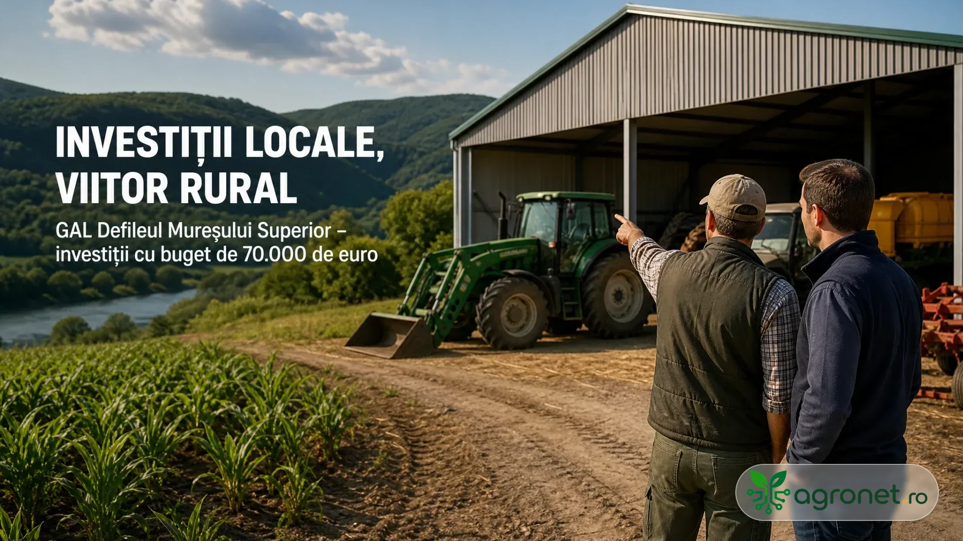 Fermier inspectând o investiție agricolă într-o zonă rurală