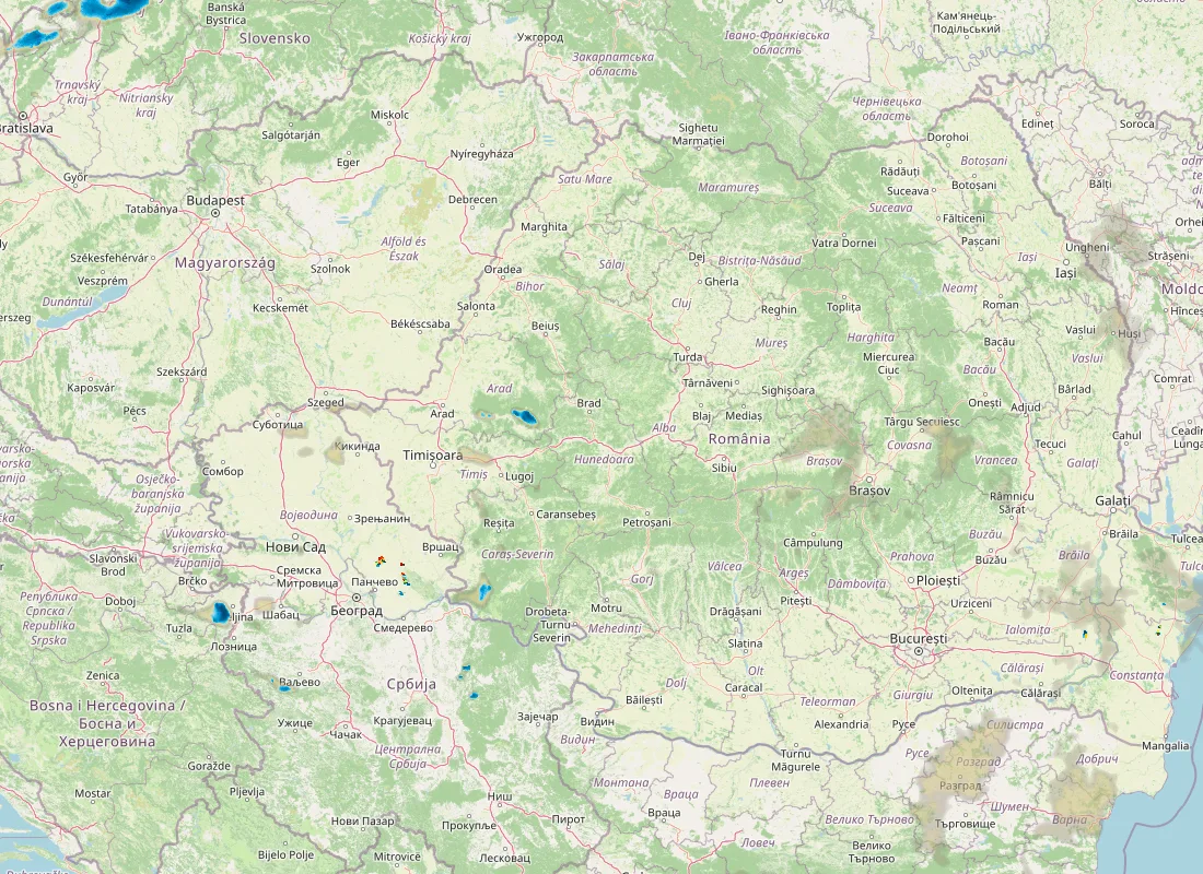 Hartă radar RainViewer cu precipitațiile din România pentru buletinul Meteo agricol România de la ora 05:00.