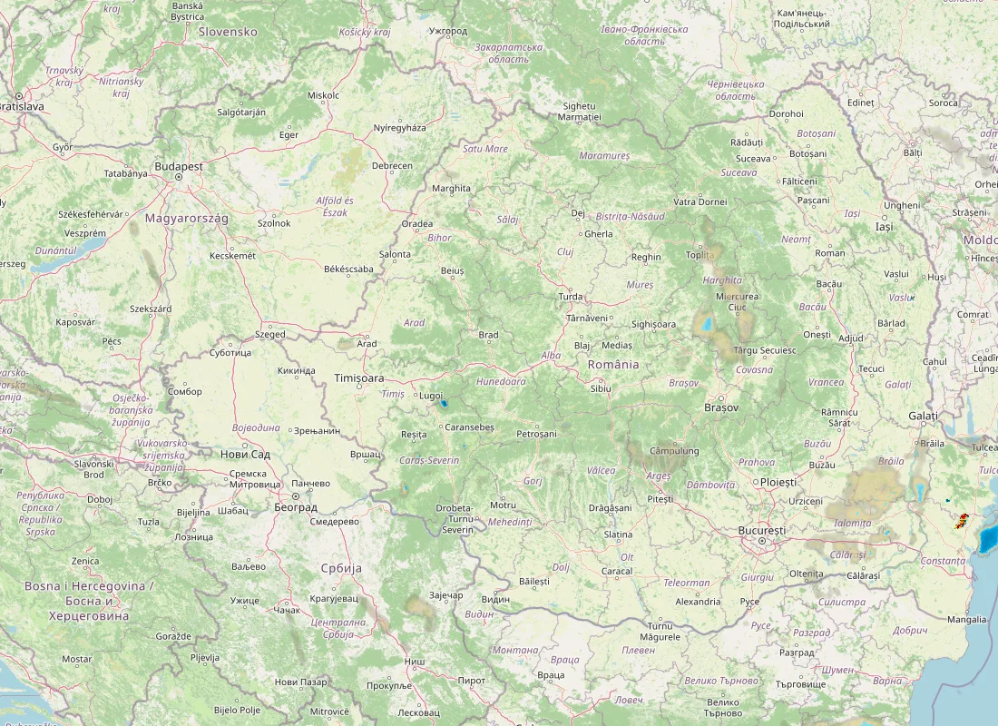 Hartă radar RainViewer cu precipitațiile din România pentru buletinul Meteo agricol România de la ora 21:00.