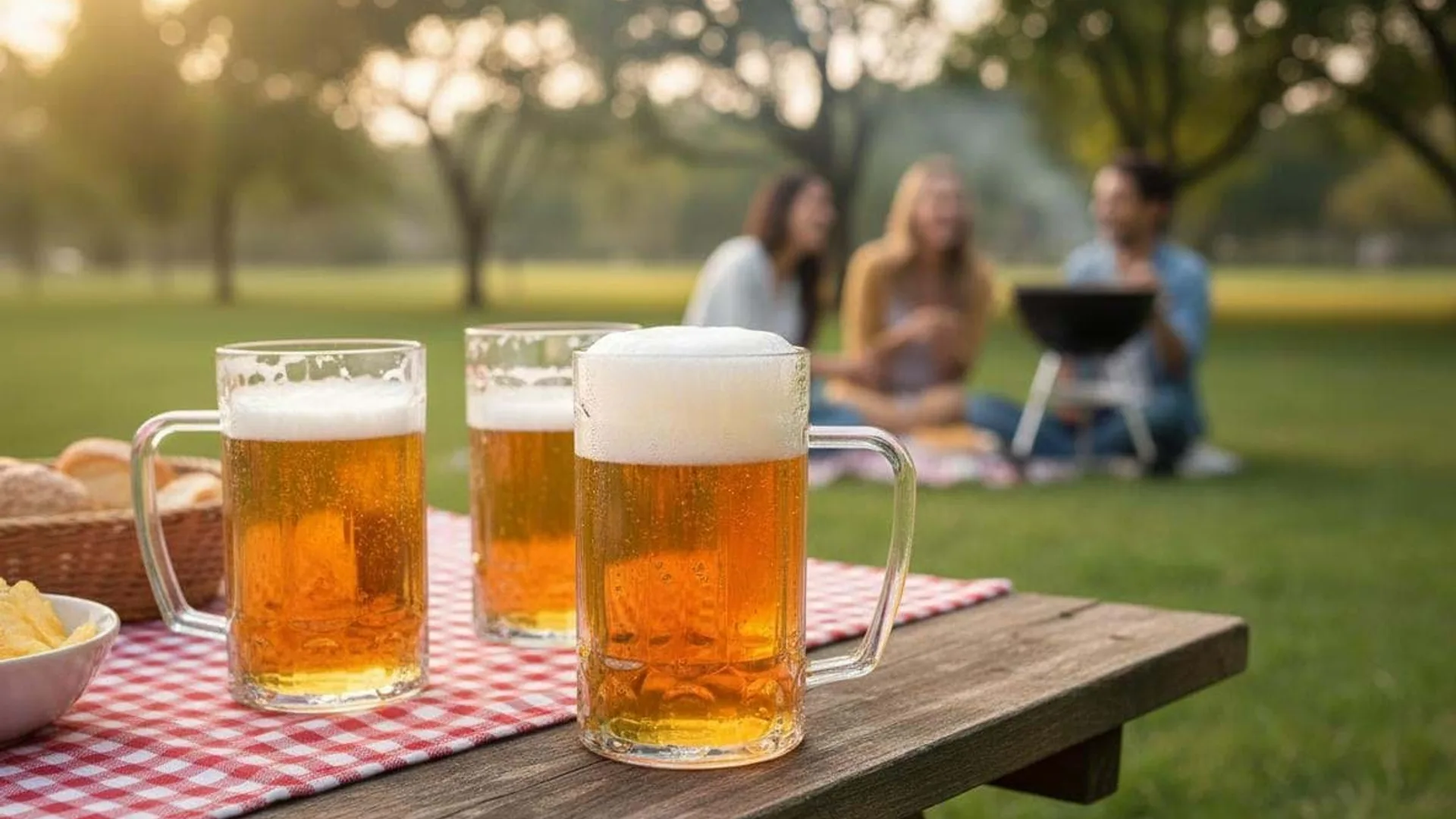 Trei halbe cu bere pe o masă de picnic, cu persoane și un grătar în fundal.