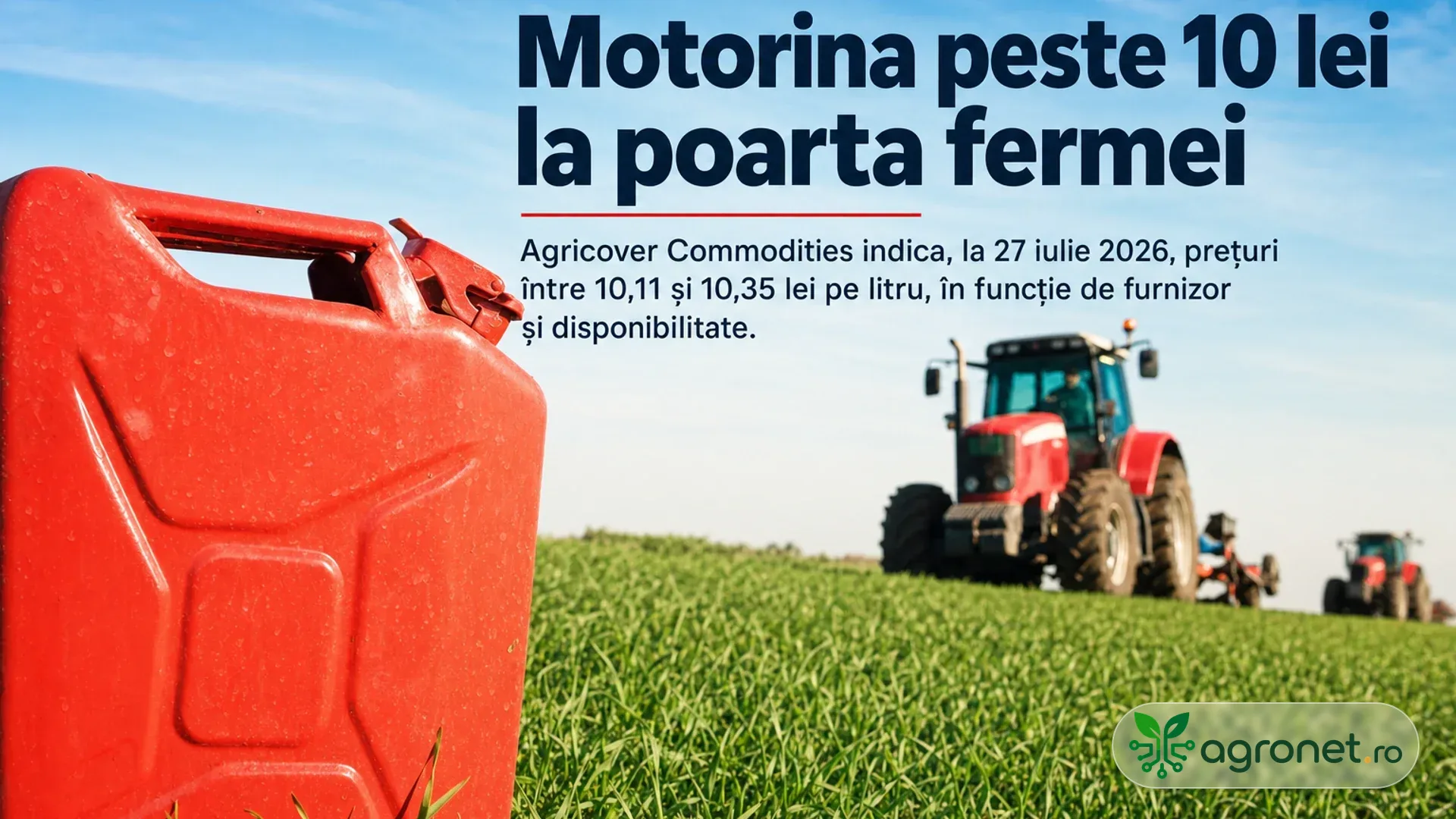 Canistră roșie de combustibil în prim-plan, cu tractoare pe un câmp verde în fundal.